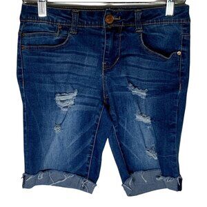 Almost Famous Distressed Bermuda Shorts Size 1 Stretch Denim
